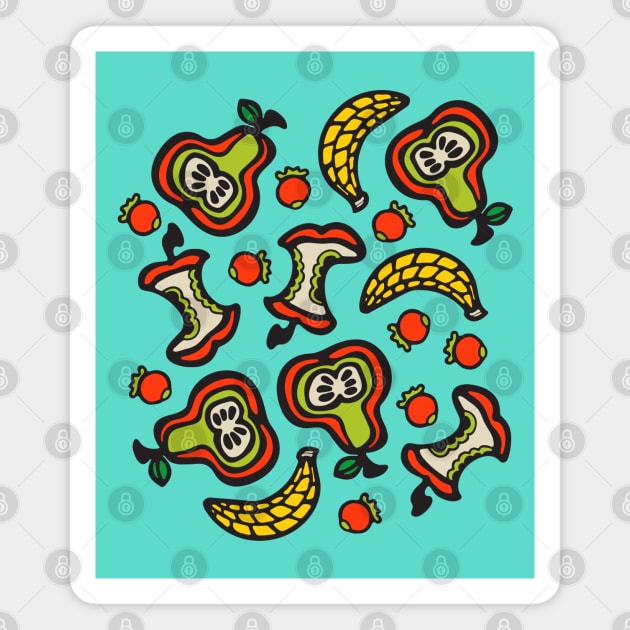 TUTTI FRUTTI Fun Tossed Retro Fruit with Apple Core Pear Banana Berries in Graphic Cartoon Style - UnBlink Studio by Jackie Tahara Magnet by UnBlink Studio by Jackie Tahara